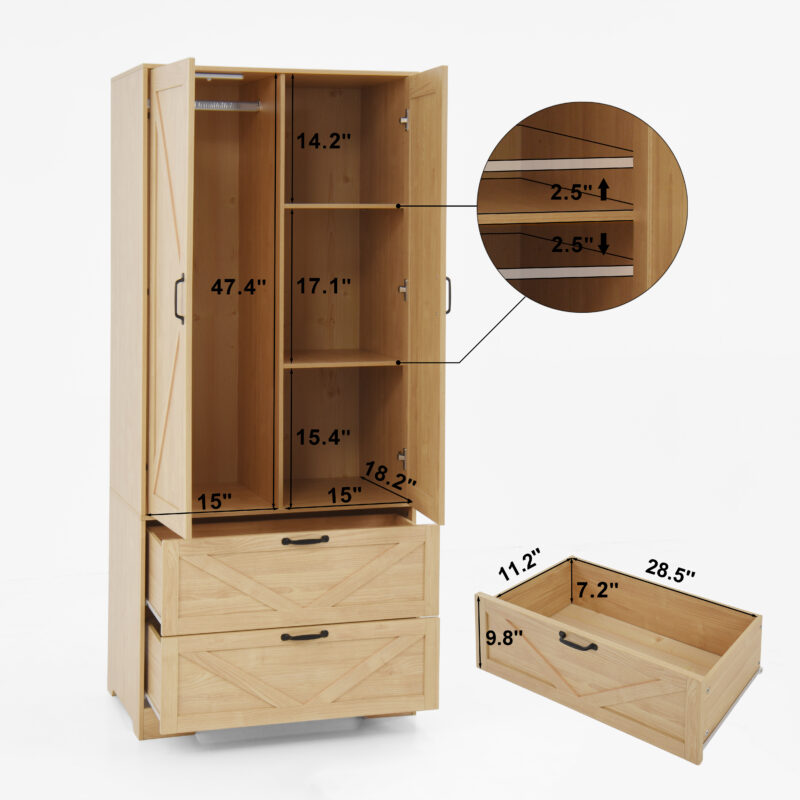 2 Door Wood Wardrobe for Bedroom with Hanging Clothing Rod inside the Cabinet and 2 Drawers for Storage Organization, Built-in induction light Multifunctional Closet with Mirror - Image 18