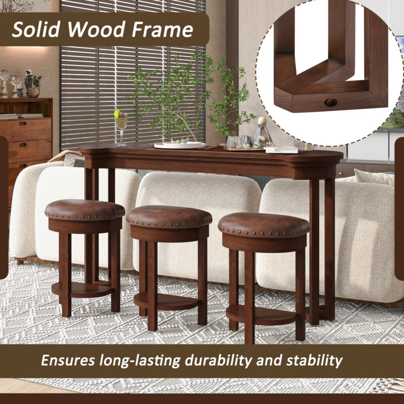 4 Piece Bar Table Set with3 PU Upholstered Bar Stools, Breakfast Table with 3 Padded Stools Solid Wood Counter Height Dining Table Set for Living Room, Dining Room - Image 7