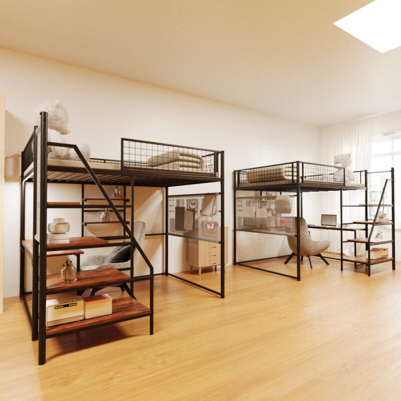 Full size loft metal bed with black for bedroom and dormitory, with built-in charging station and LED lighting - Image 4