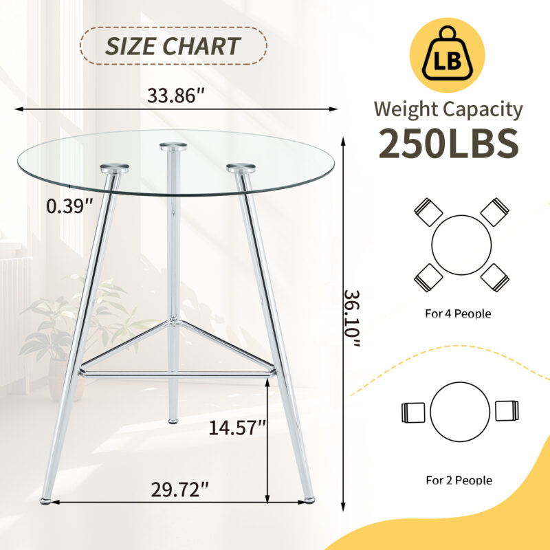 36 Inch Height Bar Table, 34 Inch Round Tempered Glass Top Pub Table with Chrome-Plated Golden Metal Legs, Modern Bistro Table for Kitchen Island/Bar/Cafe - Image 10