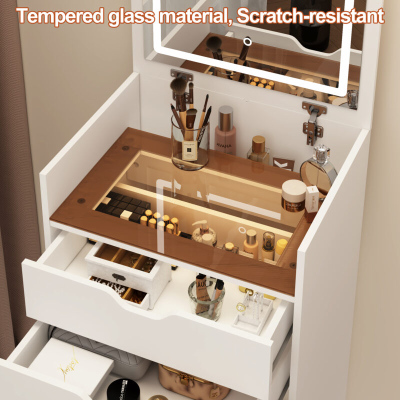 Dressing Table and Stool, 3-in-1 Multifunctional Dressing Table Set, Featuring Three-color Lighting Modes, HD Mirror, Two Sliding Drawers, and a Hidden Storage Stool - Image 18
