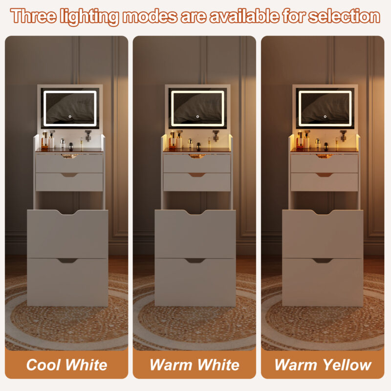 Dressing Table and Stool, 3-in-1 Multifunctional Dressing Table Set, Featuring Three-color Lighting Modes, HD Mirror, Two Sliding Drawers, and a Hidden Storage Stool - Image 16