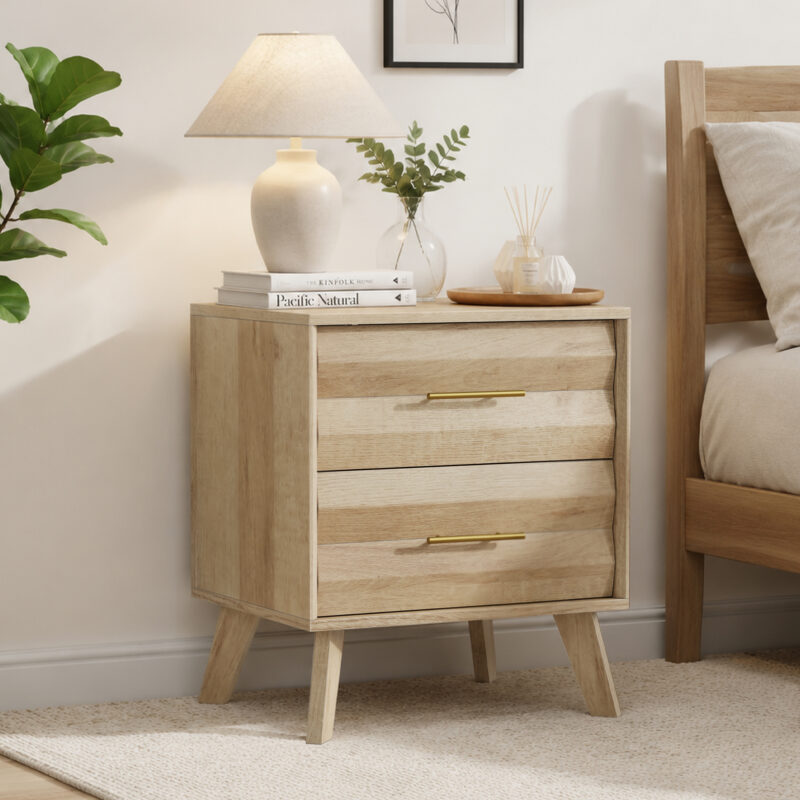 Walnut-colored double drawer bedside table, medieval-style modern bedroom bedside storage cabinet, bedside table with metal handles - Image 9