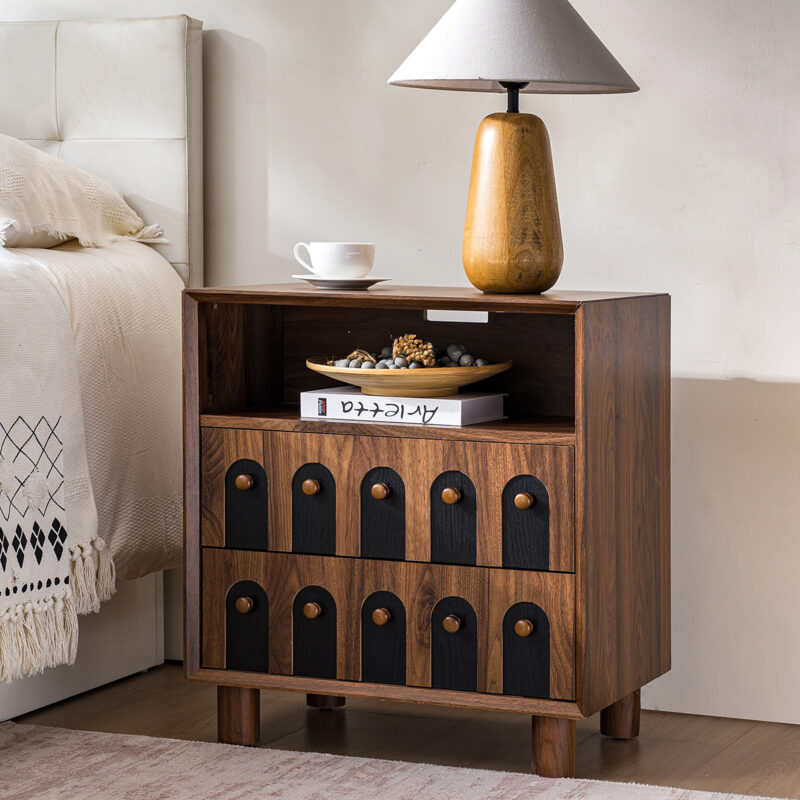 26" Tall Modern Nightstand with Charging Station, 23.75'' Wide Wood Bedside Table w/2 Storage Drawers, Large Mid Century End Table for Bedroom, Living Room, Curve mirror Design - Image 4