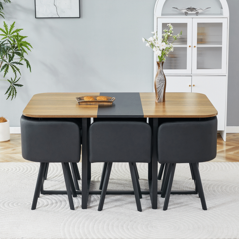 7-Piece Dining Table Set for 6, 1 Table & 6 Black PU Upholstered Chairs, Black & Wood Grain Melamine Table, Modern Kitchen Nook Set for Dining Room, Apartment & Small Space - Image 4