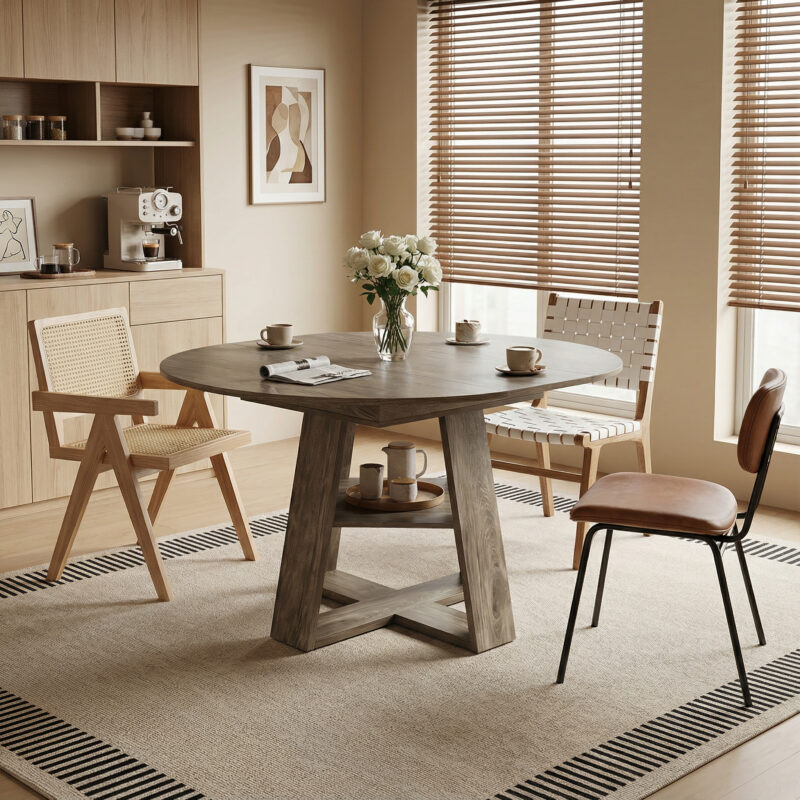 43.3in-59in Extendable Round Dining Table for 4-8,Modern Kitchen Oval Dining Table with Removable Leaves Space Saving,Wood Base with Storage Shelf for Kitchen Living Room - Image 13