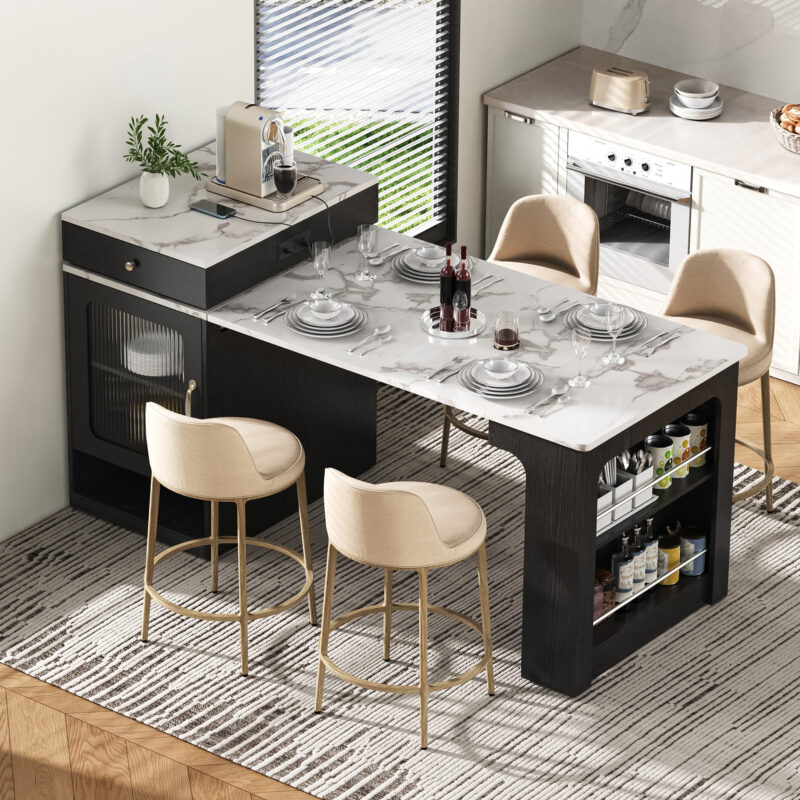 K&K 59.5" Kitchen Island with Extendable Dining Table, Kitchen Storage Table with Double-sided Storage, Kitchen Island with 2 Drawers, Power Outlet, Side Open Shelves, for Kitchen, Dining Room - Image 2