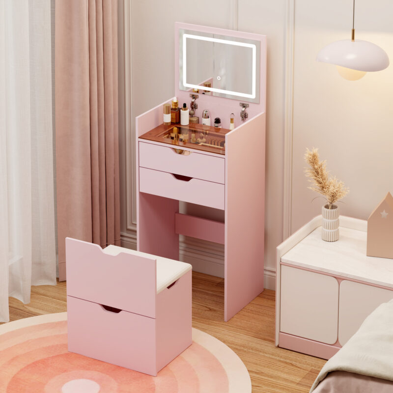 Dressing Table and Stool, 3-in-1 Multifunctional Dressing Table Set, Featuring Three-color Lighting Modes, HD Mirror, Two Sliding Drawers, and a Hidden Storage Stool - Image 2