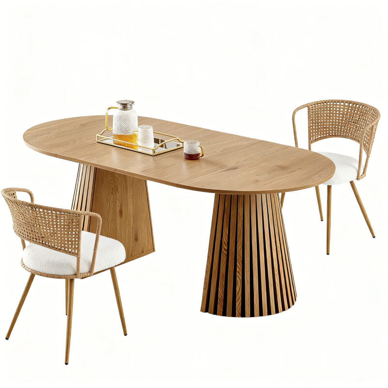 Solid wood stretching dining table + brown wicker dining chairs 2-piece set - farmhouse style farm chairs - Image 7