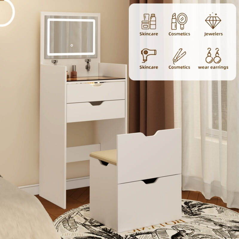 Dressing Table and Stool, 3-in-1 Multifunctional Dressing Table Set, Featuring Three-color Lighting Modes, HD Mirror, Two Sliding Drawers, and a Hidden Storage Stool - Image 22