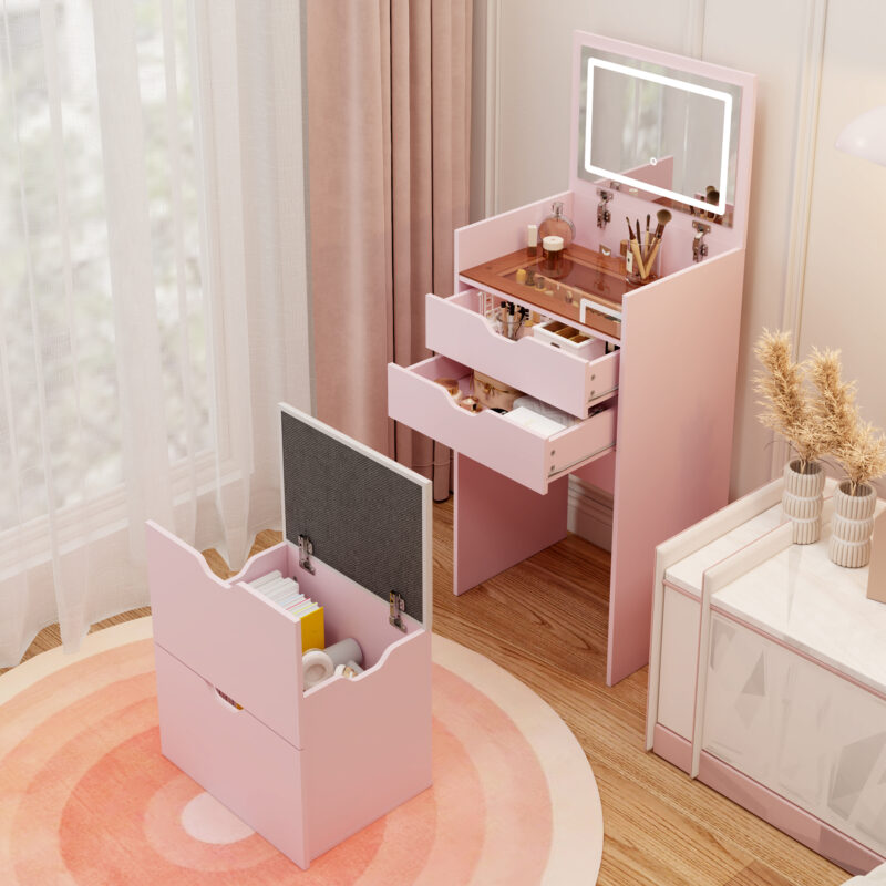 Dressing Table and Stool, 3-in-1 Multifunctional Dressing Table Set, Featuring Three-color Lighting Modes, HD Mirror, Two Sliding Drawers, and a Hidden Storage Stool - Image 9