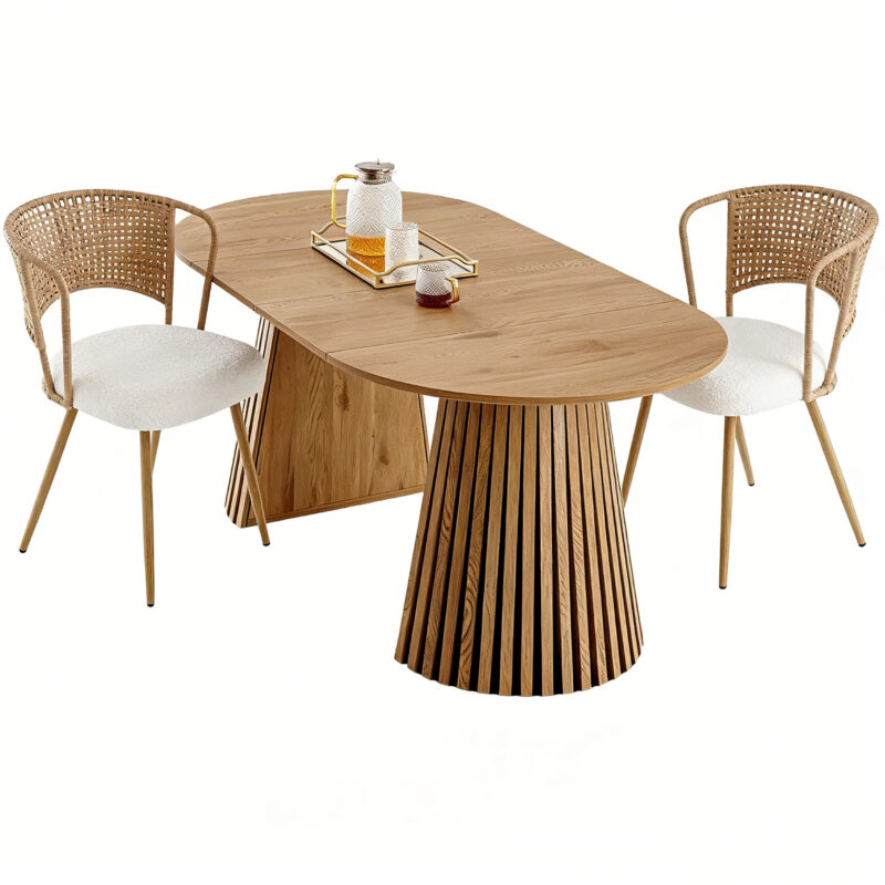 Solid wood stretching dining table + brown wicker dining chairs 2-piece set - farmhouse style farm chairs - Image 11