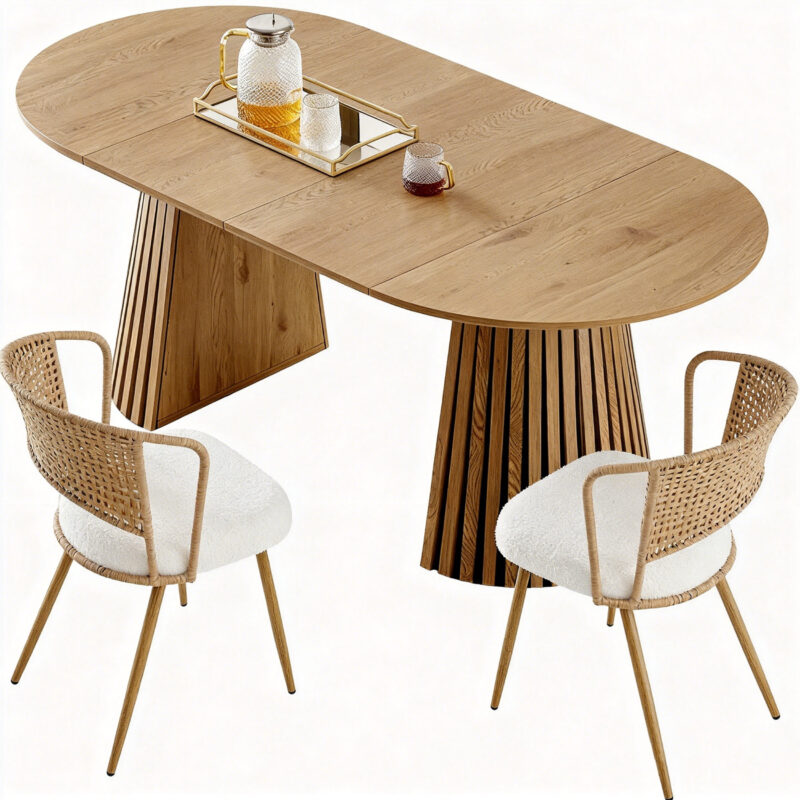 Solid wood stretching dining table + brown wicker dining chairs 2-piece set - farmhouse style farm chairs - Image 6