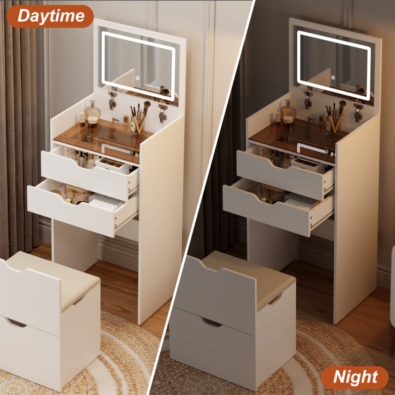 Dressing Table and Stool, 3-in-1 Multifunctional Dressing Table Set, Featuring Three-color Lighting Modes, HD Mirror, Two Sliding Drawers, and a Hidden Storage Stool - Image 20