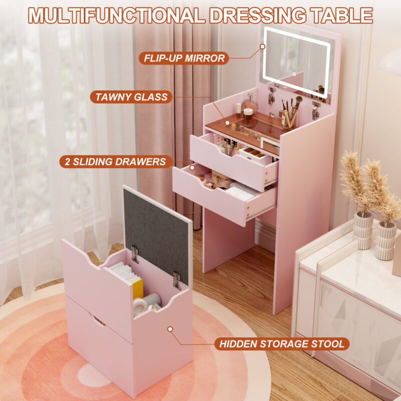 Dressing Table and Stool, 3-in-1 Multifunctional Dressing Table Set, Featuring Three-color Lighting Modes, HD Mirror, Two Sliding Drawers, and a Hidden Storage Stool - Image 7