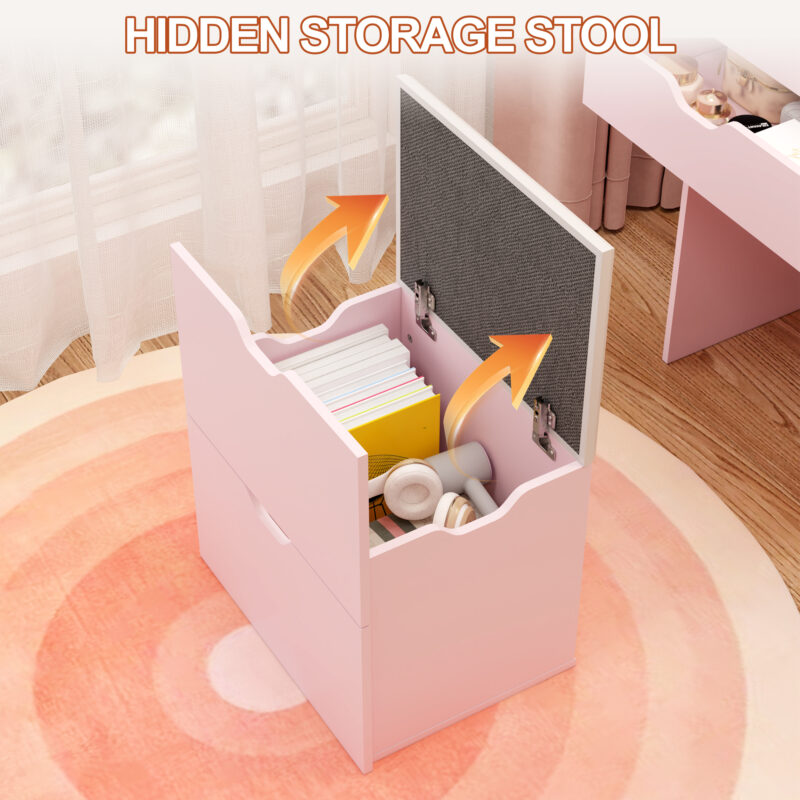 Dressing Table and Stool, 3-in-1 Multifunctional Dressing Table Set, Featuring Three-color Lighting Modes, HD Mirror, Two Sliding Drawers, and a Hidden Storage Stool - Image 6