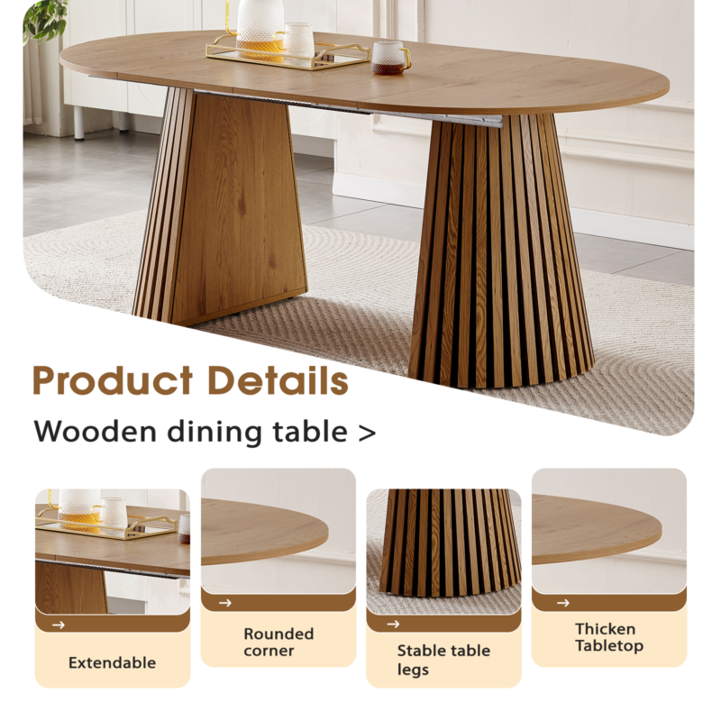 Solid wood stretching dining table + brown wicker dining chairs 2-piece set - farmhouse style farm chairs - Image 3