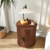 Mid Century Modern Cylinder End Table with Built-in Charging Station & Sliding Door, 2-Tier Storage Round Nightstand with USB Ports, Walnut Bedside Table for Living Room, Bedroom, Entryway