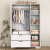 4 Doors Wardrobe Closet with Mirror, LED Wardrobe with Doors and 2 Drawers, Wooden Wardrobe Storage Cabinet with Hanging Rod, Adjustable Shelves - Image 6