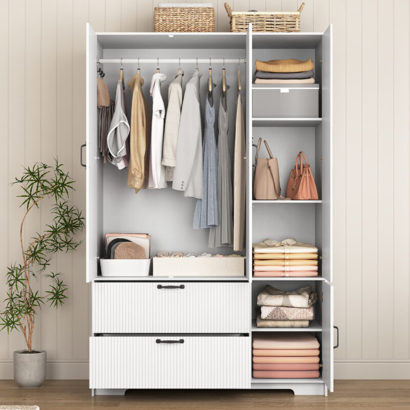 4 Doors Wardrobe Closet with Mirror, LED Wardrobe with Doors and 2 Drawers, Wooden Wardrobe Storage Cabinet with Hanging Rod, Adjustable Shelves - Image 6