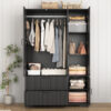 4 Doors Wardrobe Closet with Mirror, LED Wardrobe with Doors and 2 Drawers, Wooden Wardrobe Storage Cabinet with Hanging Rod, Adjustable Shelves - Image 14