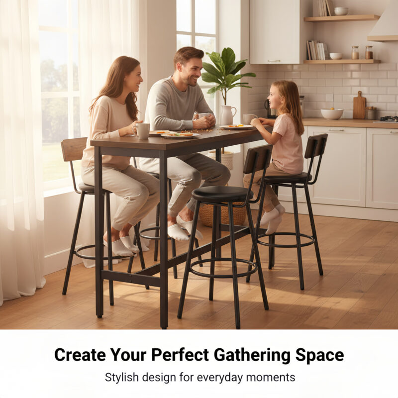 Bar Table and Chairs Set for 3, 4 Piece Industrial Dining Table Set with 3 PU Upholstered Bar Stools, Bar Table Set for Kitchen, Dining Room, Living Room, Bar, Cafe, Small Space Corner, Rustic Brown - Image 4
