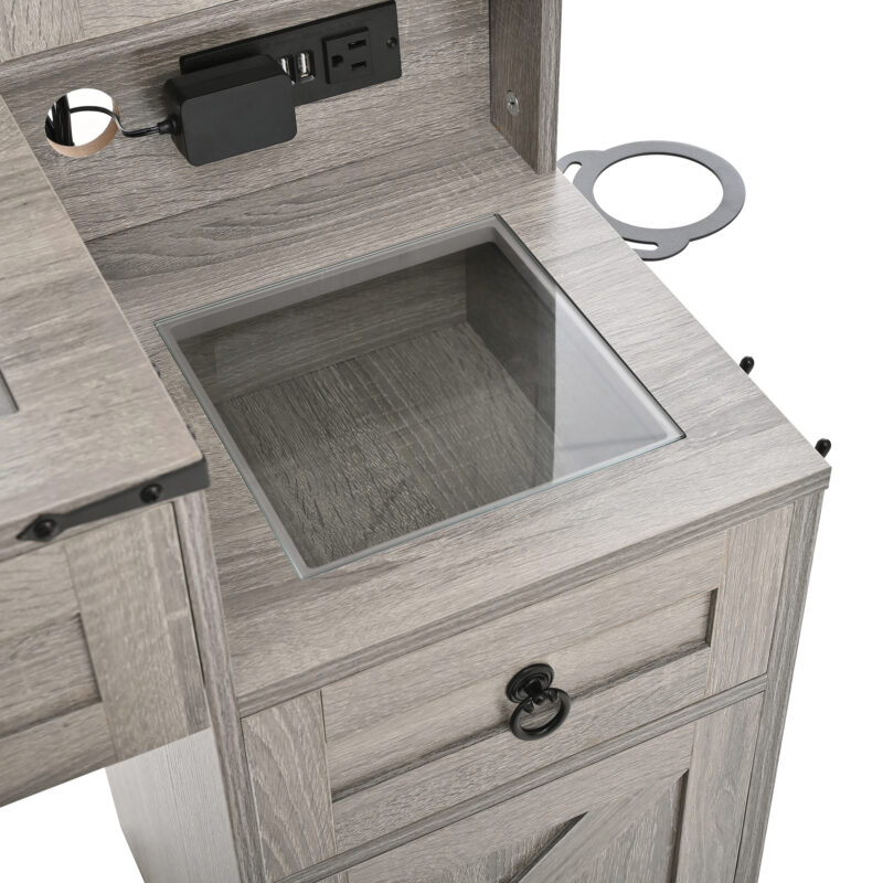 Farmhouse Vanity Desk with Sliding Mirror and Lights, Vanity Set with Glass Top and Charging Station ,Dressing Table with 4 Drawers and 2 Cabinets, Dressing Table with Stool for Bedroom - Image 23