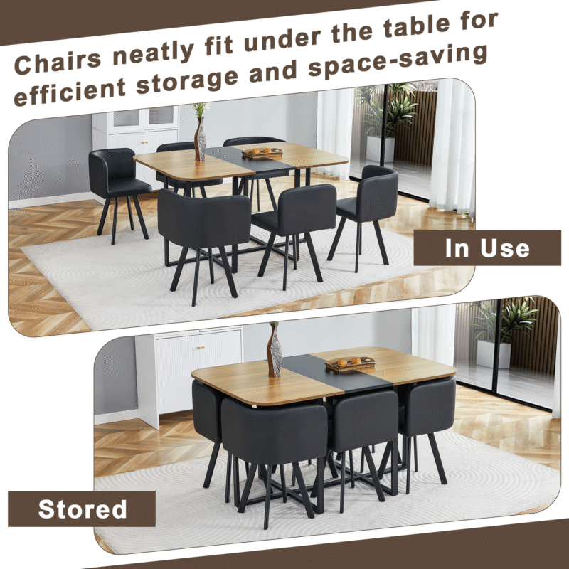 7-Piece Dining Table Set for 6, 1 Table & 6 Black PU Upholstered Chairs, Black & Wood Grain Melamine Table, Modern Kitchen Nook Set for Dining Room, Apartment & Small Space - Image 6