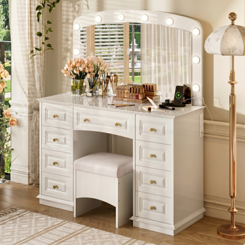Luxurious Makeup Vanity with 10 Hollywood Bulbs, 3 Color Lighting Modes, Classic Dressing Table with Cushioned Stool and 9 Storage Drawers for Bedroom - Image 4