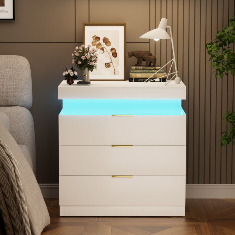Nightstand with Charging Station and LED Lights,Night Stand with Sliding Top for Bedroom,Bedside Table with Drawers,Modern End Side Table - Image 10