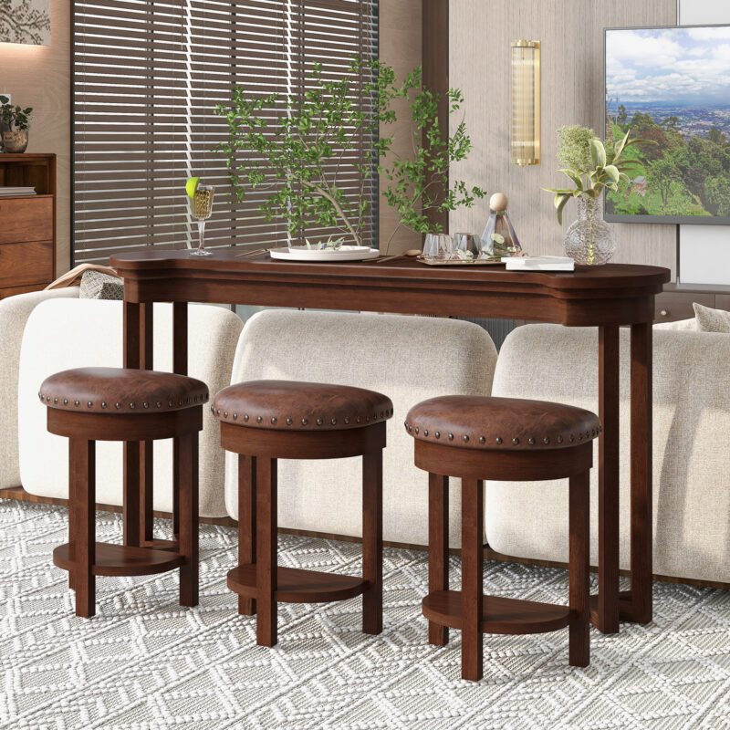 4 Piece Bar Table Set with3 PU Upholstered Bar Stools, Breakfast Table with 3 Padded Stools Solid Wood Counter Height Dining Table Set for Living Room, Dining Room - Image 5