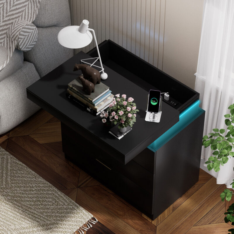 Nightstand with Charging Station and LED Lights,Night Stand with Sliding Top for Bedroom,Bedside Table with Drawers,Modern End Side Table - Image 3