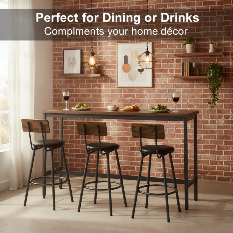 Bar Table and Chairs Set for 3, 4 Piece Industrial Dining Table Set with 3 PU Upholstered Bar Stools, Bar Table Set for Kitchen, Dining Room, Living Room, Bar, Cafe, Small Space Corner, Rustic Brown - Image 2
