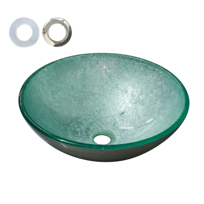 Green Ice-Crackle Tempered Glass Vessel Sink, Round Artistic Textured Bathroom Sink Bowl, Countertop Vanity Basin - Image 9