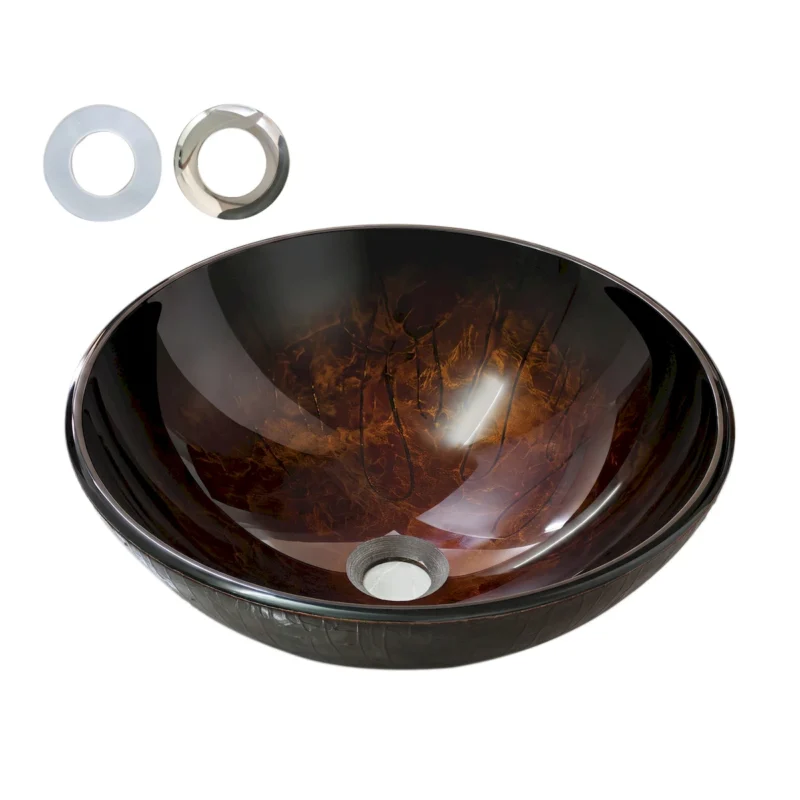 Amber Tempered Glass Vessel Sink, Round Artistic Textured Bathroom Sink Bowl, Countertop Vanity Basin - Image 9