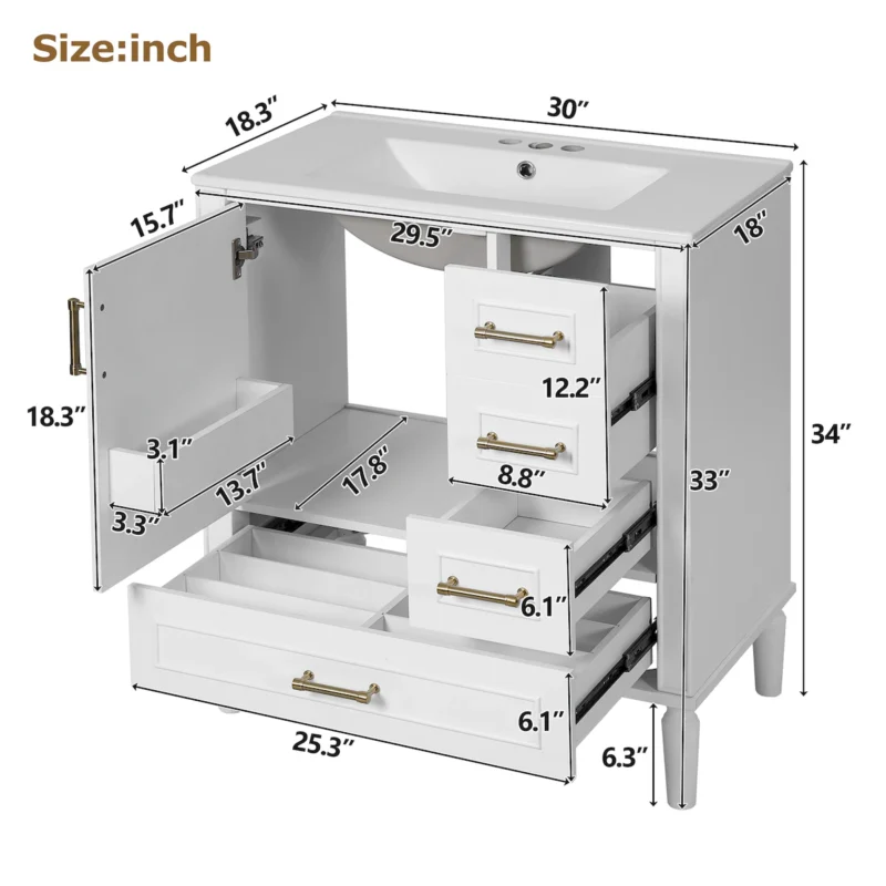30" Bathroom Vanity with Ceramic Sink, Soft-Close Door with Built-in Shelf, Deep Drawer, Standard Drawer, Long Divider Drawer, Ample Storage Cabinet for Bathroom, Modern & Functional Design - Image 7