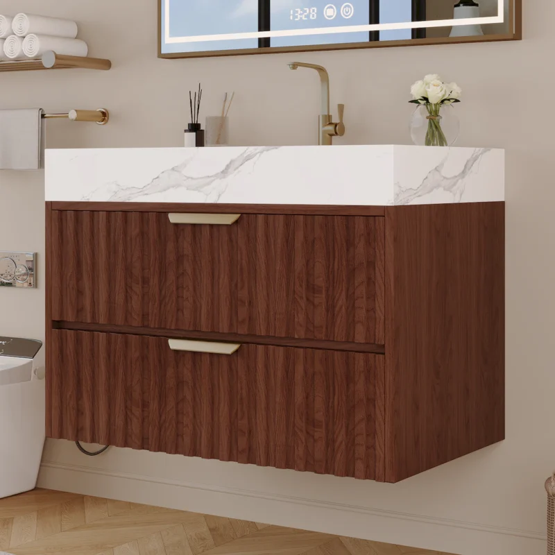 30" Modern Floating Bathroom Vanity with Seamless Sintered Stone Top & Ceramic Basin – 2 Soft-Close Drawers, Wall-Mounted - Image 6