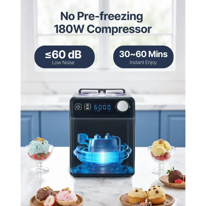 Upright Automatic Ice Cream Maker with Built-in Compressor, 2 Quart No Pre-freezing Fruit Yogurt Machine, Stainless Steel Electric Sorbet Maker, 4 Modes Gelato Maker with Digital Display & Timer - Image 4