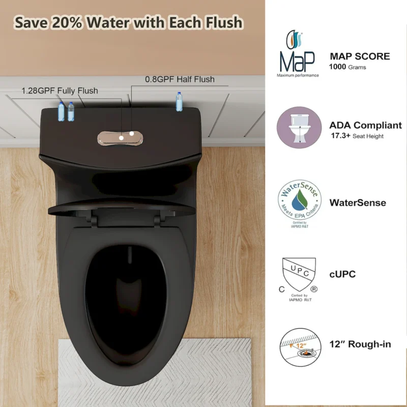 1.28/0.8 GPF Tornado Flush One-Piece Toilet Elongated, Siphonic S-trap 12",Soft Closing Seat, Button on Tank top ,Powerful Dual Flush MAP 1000g, Comfort Chair Seat ADA Height 17", Matte black MB-002 - Image 4