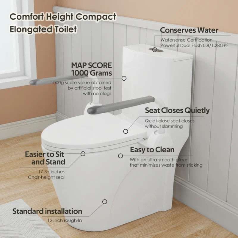 UPGRADED DESIGN Armrest, With 1.28/0.8 GPF Tornado Flush One-Piece Toilet, Siphonic S-trap 12", Soft Close Seat,Dual Flush MAP 1000g,Comfort Chair Seat ADA Height 17",Glossy White GW-007 - Image 9
