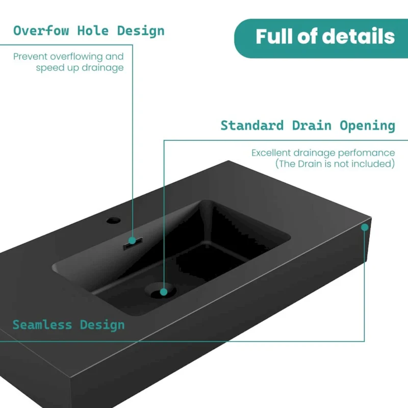 BB02-36-109, Integrated engineered solid surface basin WITHOUT drain and faucet, matte black color - Image 3