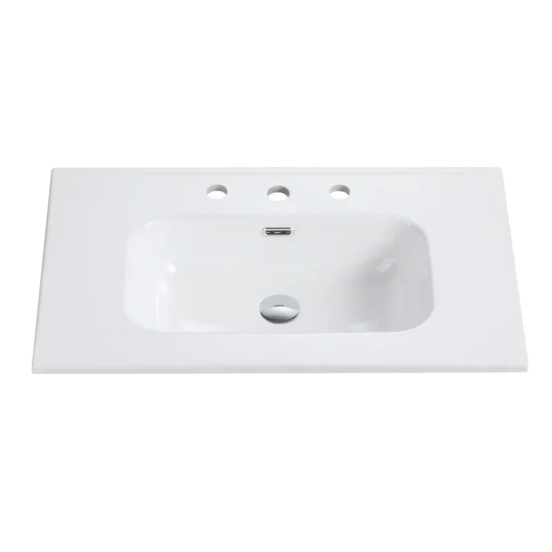 BB0930Y331, Integrated white ceramic basin with three predrilled faucet holes, faucet and drain assembly NOT included - Image 3