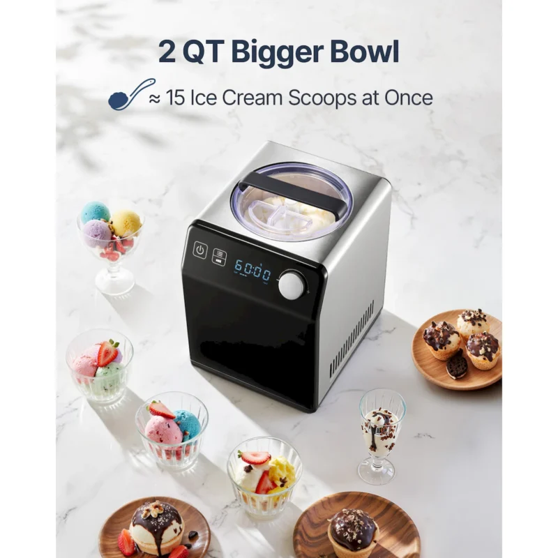 Upright Automatic Ice Cream Maker with Built-in Compressor, 2 Quart No Pre-freezing Fruit Yogurt Machine, Stainless Steel Electric Sorbet Maker, 4 Modes Gelato Maker with Digital Display & Timer - Image 2