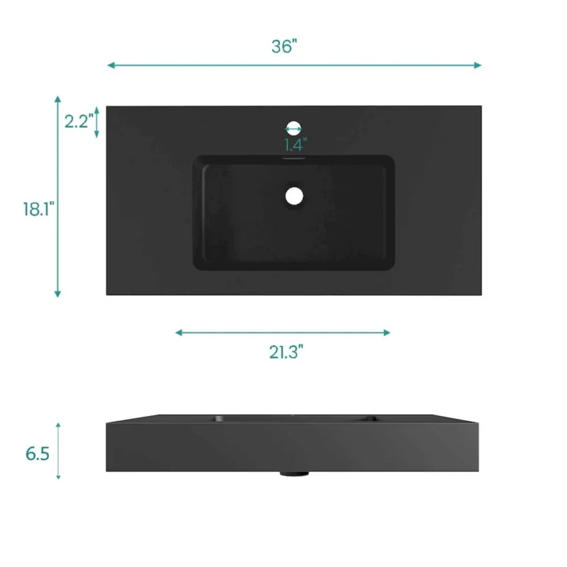 BB02-36-109, Integrated engineered solid surface basin WITHOUT drain and faucet, matte black color - Image 2