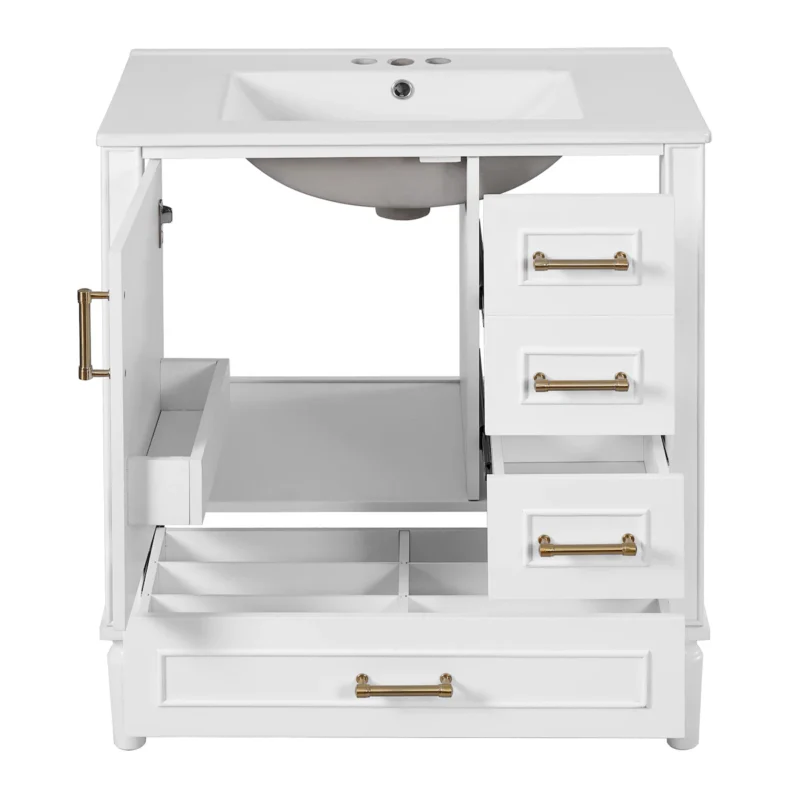 30" Bathroom Vanity with Ceramic Sink, Soft-Close Door with Built-in Shelf, Deep Drawer, Standard Drawer, Long Divider Drawer, Ample Storage Cabinet for Bathroom, Modern & Functional Design - Image 20