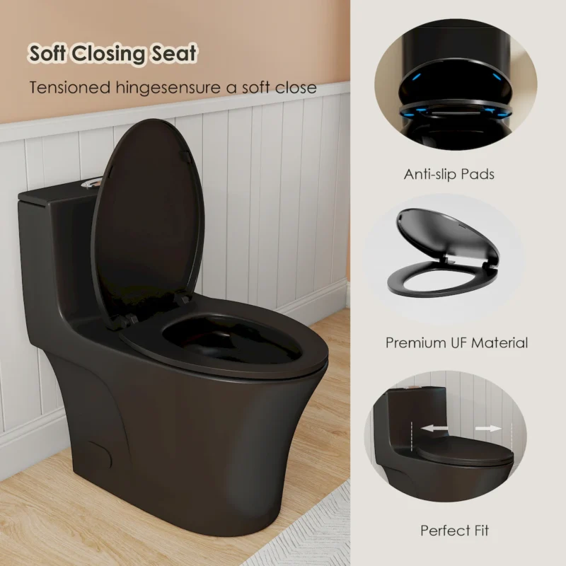 1.28/0.8 GPF Tornado Flush One-Piece Toilet Elongated, Siphonic S-trap 12",Soft Closing Seat, Button on Tank top ,Powerful Dual Flush MAP 1000g, Comfort Chair Seat ADA Height 17", Matte black MB-002 - Image 2