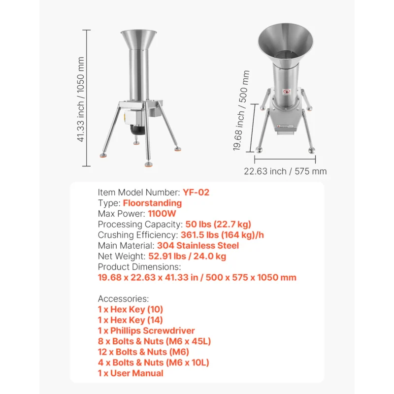 1100W Electric Fruit Apple Crusher, SUS304 Freestanding Crushing Machine, Grinds Whole Apples Up to 3.15" Dia, 164 KG/H Capacity, Cider Press for Apples, Pears, Pineapple, Guava, Carrot, Potato - Image 2