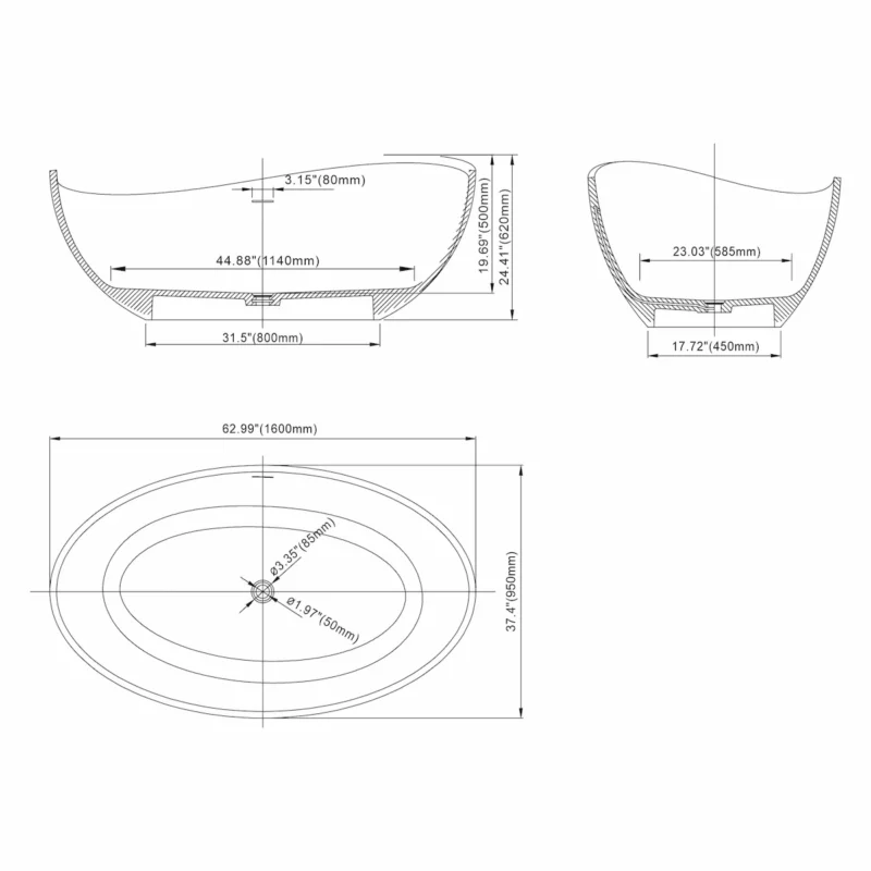 63 inch freestanding solid surface soaking bathtub for bathroom - Image 9