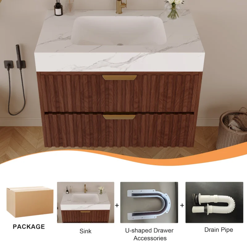 30" Modern Floating Bathroom Vanity with Seamless Sintered Stone Top & Ceramic Basin – 2 Soft-Close Drawers, Wall-Mounted - Image 9