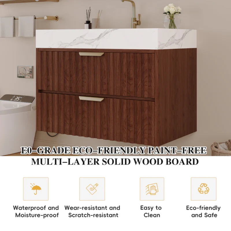 30" Modern Floating Bathroom Vanity with Seamless Sintered Stone Top & Ceramic Basin – 2 Soft-Close Drawers, Wall-Mounted - Image 8